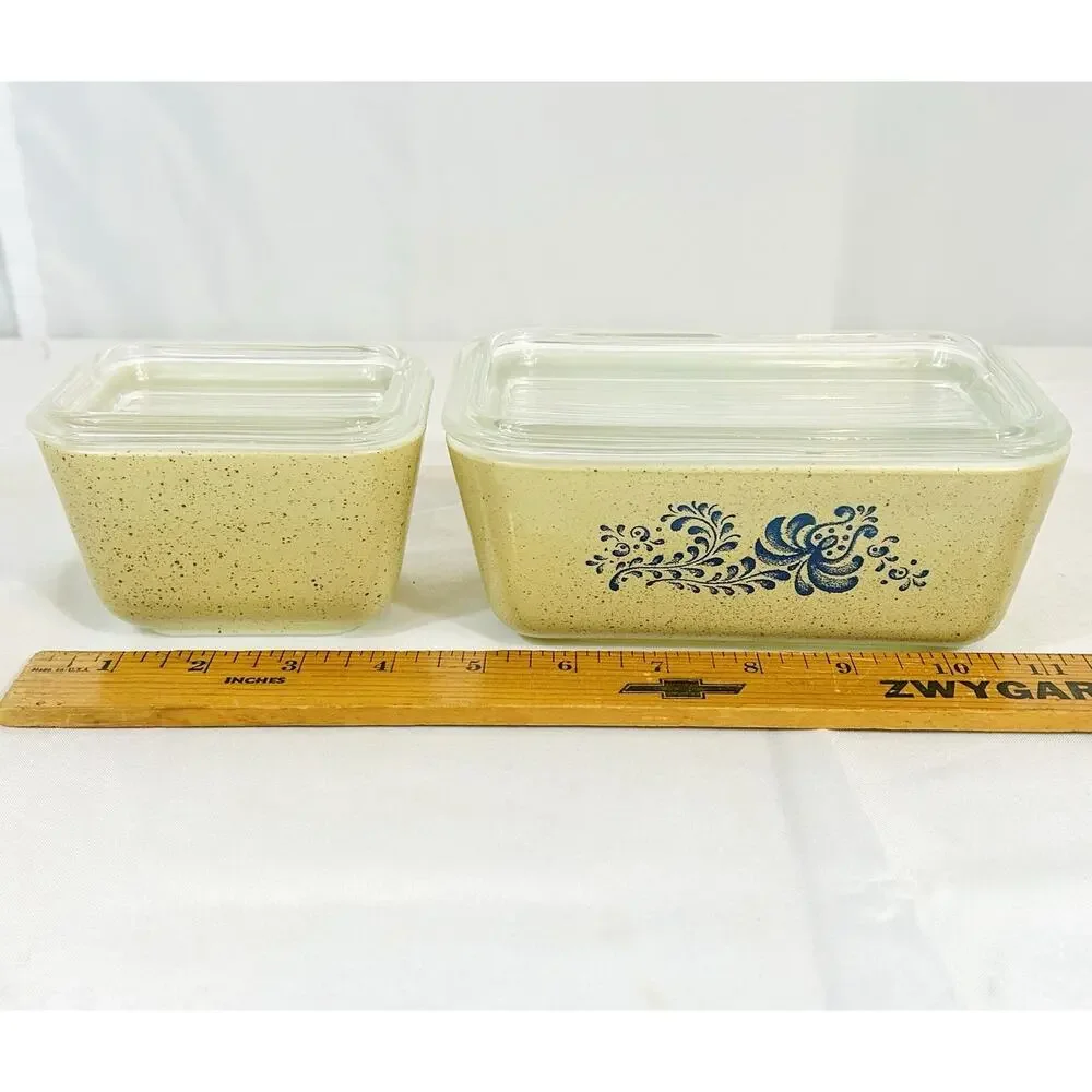 Pyrex HOMESTEAD Refrigerator Dishes Set of 2 ~ 501 & 502 w/ Clear Lids Vintage